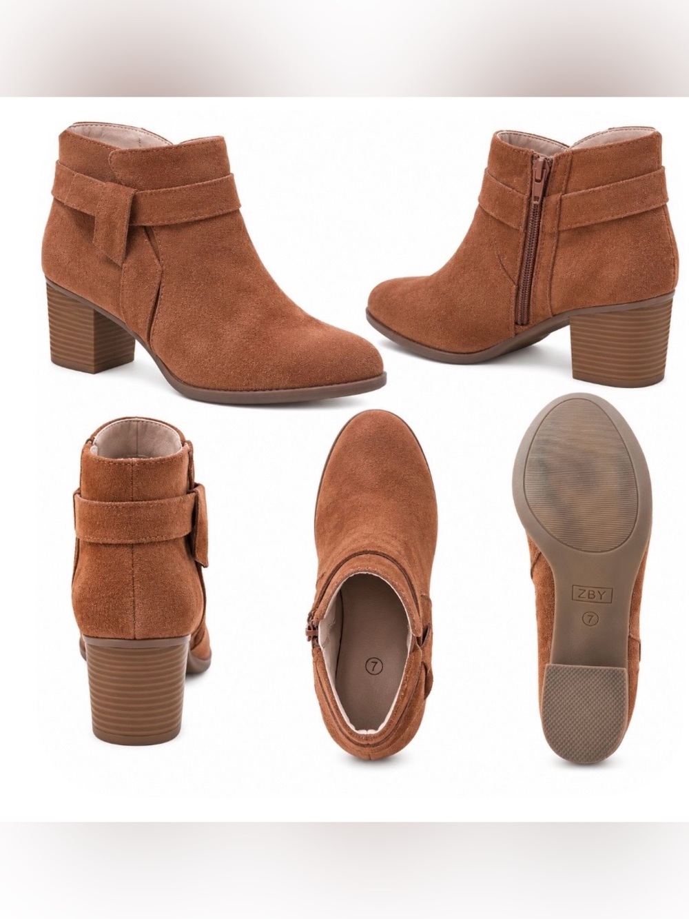 ZBY Women’s Size 7 Cognac Suede Ankle Booties Block Heel